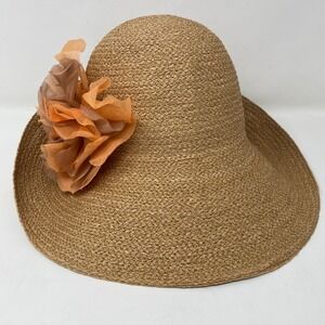 Helen Kaminski Womens OS Raffia Sun Hat Brown Orange Floral Accent Wide Brim